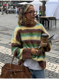 Autumn/Winter 2025 Women's Comfortable Casual Colored Round-Neck Striped Sweater Knit