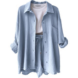 2025 Women's Wrinkle Collar Long-Sleeved Shirt High-Waisted Rope Shorts Fashion Casual Two-Piece Set