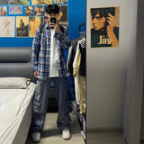 Autumn Blue Check-Shirt Loose Tide Brand Loose Couple Casual Long-Sleeved Plaid Shirt Jacket Men
