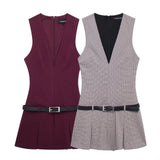Women's Clothing 2025 Autumn And Winter New Waist Bandwidth V-Neck Sleeveless Checker Mini Dress