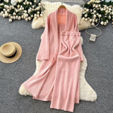 Extremely Simple Style Solid Knitted Light Sister Suit Girl Winter Body-Clamping T-Shirt Dress With Long Open Shirt Jacket