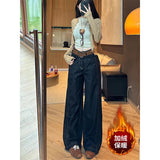 Korean Apricot High-Waist Plus Velvet Thin Straight Jeans Women 2025 Autumn And Winter Loose Commute Wide-Legged Trousers
