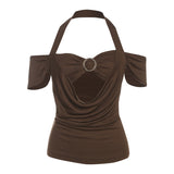 Fashion 2025 Summer New Women's Hottie Sexy Hanging Neck Hollow V Collar Fake Two Top Women