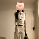 High-End Fashion Temperament Sleeveless Shirt Shirt Top High Waist Straight Casual Trousers Set