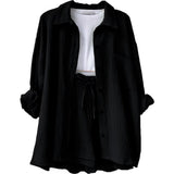 2025 Women's Wrinkle Collar Long-Sleeved Shirt High-Waisted Rope Shorts Fashion Casual Two-Piece Set