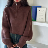 Design Sense Half-High Collar Zipper Red Knitted Shirt Women's Short Autumn And Winter New High-Waist Sweater Loose Thick Coat