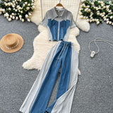 Summer Dress A Complete Set Of Women's Casual Retro Lap-Fleeled Fake Two Short-Sleeved Tops High-Waisted Spliced Denim Broad-Legged Trousers