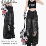 Vintage Multi-Pocket Work-Wear Ripped Jeans Women's Summer Design Feel Loose High-Rise Straight Broad Leg Pants