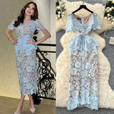 High-End Small Scented Dress Female Elegant Diamond Buckle Clame Collar Short-Sleeved Hollow Lace Dress