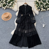 Court-Style Dress Women's French Retro Fashion Collar Pearl Single Buckle Lace Splicing Velvet Swoon Long Dress