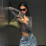Spring 2025 Fashion Trend Women's New Long-Sleeved Square Necker Repair Exposed Umbilly Mesh Perspective T-Shirt
