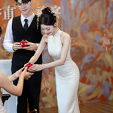 New Chinese Champagne-Colored Engagement Cheongsam Toast Bridal Fishtail Dress Beautiful Registration Certificate Wedding Dress