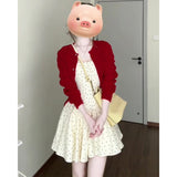 Korean Gentle Temperament Red Knitted Shirt Coat Wave Dot Square Tie Dress Women's Spring And Summer New Set