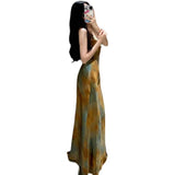 Very Long French Retro Oil Painting Wind-Daughted Sling Skirt Dress Dress Dress Dress Woman