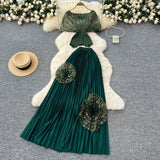 Three-House Folded Two Sets Of Women's Waist Repair Short Sleeve Pressure Folded Blouse Flowers High Waist 100 Folds Skirt