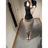 Oceanic Clothes Women 2025 New Temperament Square Collar Short Sleeve Tops Thin Bag Hip Skirt Skirt Skirt Half-Body Skirt
