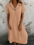 2025 New Leisure Spring And Summer Loose Short-Sleeved V-Neck Solid Cotton Shirt Dress