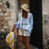 Lattice Temperament V-Neck Women's Clothing New Fashion Pure Color Loose Long-Sleeved T-Shirt Top