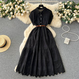 Small Design Buckle Loose Collar With Long Dress Women Summer Waist 100 Folded Shirt Collar Splicing Long Dress