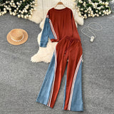 Korean Version Of The Casual Sports Suit Women's Autumn Design Feeling Loose Collar Collar High-Waisted Denim Splicing Trousers