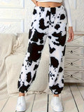 2025 Ms. Autumn And Winter Fashion Explosion Cow Print Pattern Lady Loose Fashion Trousers Plush