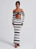 2025 New Hottie Women's Suit Summer Striped Long-Sleeved Hanging Neck Top Skirt Two-Piece Women