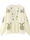 2025 Spring V-Neck Lantern Sleeves National Style Embroidery Shirt Trend Sleeves