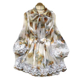 Spring Dress Women's Neckline Bow Tie With Lantern Sleeve Lace Splicing Bright Face Chiffon Skirt Skirt Skirt