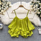 2025 Summer Korean Version Of The New Loose Lotus Leaf Side Shoulder Double Sleeveless Sleeveless Sling Sling Vest Female Wear