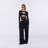 2025 Autumn Fashion Trend Women's New Long-Sleeved Hollow Body Open Umbilly Solid Color Conjoined
