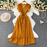 French Red Dot V-Neck Women's Short-Sleeved Dress Summer Single Buckle Tie With Thin A-Word Mid-Long Dress