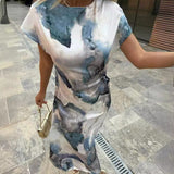 Women's New Fashion Round Collar A Twill Section Tie-Dye Silk-Stained Texture Dress