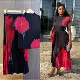Miyaji Fashion Set Women's Summer French High-Grade Folding Print Short-Sleeved Top + Loose A Word 100-Fold Long Skirt
