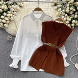 Korean Style Suit Women's Casual Long-Sleeved Shirt + Waist V-Neckless Knitted Vest Two-Piece Set