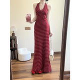 Fashion Casual Temperament Wave Point Print Hanging Neck V-Neck Dress Korean Waist Thin Dress