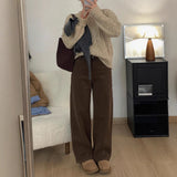 Vintage Brown Plus Velvet Jeans Women's Autumn And Winter High-Waisted Thin Straight Barrel Loose Broad Legs Long Trousers