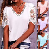 2025 Women's T-Shirt Burst Lace Splicing Loose V-Neck Short-Sleeved T-Shirt