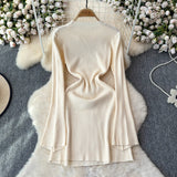 Autumn New Pure-Bround Hottie Body Long-Sleeved Knitted Dress Women Simple Round Collar Temperament Short Skirt