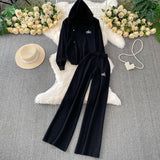 Gentle Wind Pink Tie With Thin Hooded Knitted Long-Sleeved Sweater High-Rise Broad Leggings Embroidery Set
