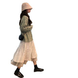 Spring And Summer New Korean Version Of The College Wind Mesh Splicing Skirt Half-Bred Mid-Long A-Skirt Ins