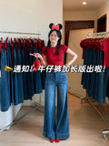 Vintage Blue Hanging Horn Jeans Women Spring And Autumn Small High-Waisted Loose Broad Legs Long Trousers