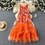 French Retro Court Style Design With A Sense Of Fashion Print Splicing Mesh Tau Pong Irregular Lotus Leaf-Side Dress Woman