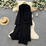 Extremely Simple Style Solid Knitted Light Sister Suit Girl Winter Body-Clamping T-Shirt Dress With Long Open Shirt Jacket