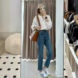 Vintage Blue Nine-Point Jeans Women 2025 New High-Rise Display Thin Man Retro Narrow Version Of Straight Smoke Pipe Pants