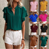 2025 Women's Summer New V-Neck Casual Double-Layer Lotus Leaf Sleeve Solid Shirt Top