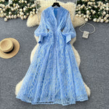 French Retro Elegant Dress Woman 2025 New High-End Collar Single Buckle Waist Embroidery Mesh Dress