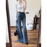2025 Summer French White Lace Stitching Design Shirt Women Commuting Micro-Rave Jeans Two-Piece Set