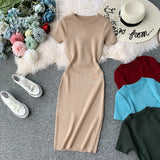 Short-Sleeved Solid-Color Temperament Round-Neck Knitted Tight Skirt Dress Bag Hip One-Step Skirt Dress Mid-Long Model