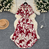 Printed Short-Sleeved Dress Women Autumn Polo Tie Straps To The Waist Design Small Chic Temperament Long Dress