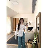 Real-Valent Fashion Sexy Shoulder Long-Sleeved Shirt Women Spring Waist Thin Inside With White Shirt Top
